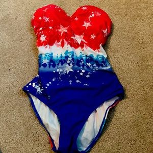 Red, white and blue tie dye one piece bathing suit